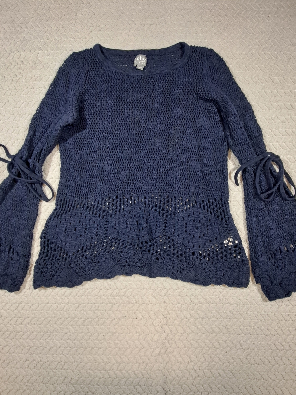 SOHO Navy Open-Knit Tie-Sleeve Sweater
